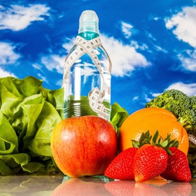 Ftness theme with fruts, vegetables, bright blue background