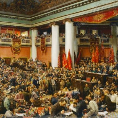 „Feierliche Eröffnung des II. Kongresses der Komintern im Urizki-Palast in Petrograd“ (Rede Lenins am 19. Juli 1920), Gemälde, 1924, von Isaak Israilewitsch Brodski (1884 – 1939), Öl auf Leinwand, 320 × 532 cm, Moskau, Staatliches Historisches Museum
